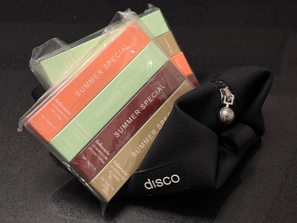 DISCO Travel Personal Bag + 8 Lakerain Lip Balms Mint Coffee Vanilla Cake NEW
